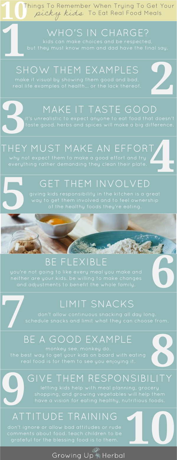 10 Tips To Get Picky Kids To Eat Real Food Meals | GrowingUpHerbal.com | 10 tips for dealing with picky kids over eating healthy foods!