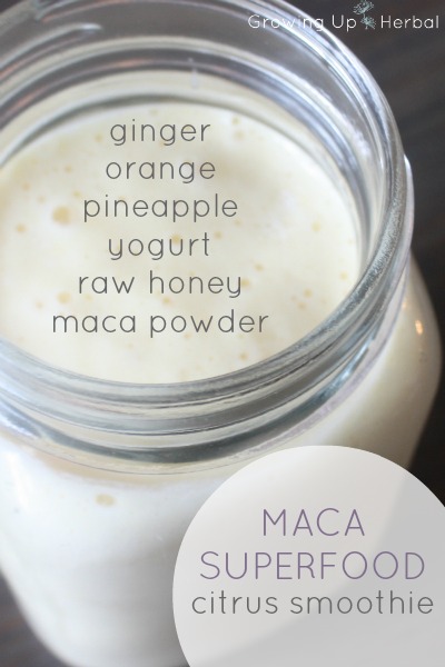 Maca Superfood Citrus Smoothie Recipe | GrowingUpHerbal.com -- get more nutrition into your kids without them even knowing it with this delicious kid friendly smoothie