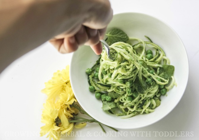 Looking For Healthy Green Foods For St. Patrick's Day? How About Some Zucchini Noodles in a Minty Pea Sauce | Growing Up Herbal | A deliciously healthy dinner full of green goodness, perfect for St. Patrick's Day festivities for your little one!