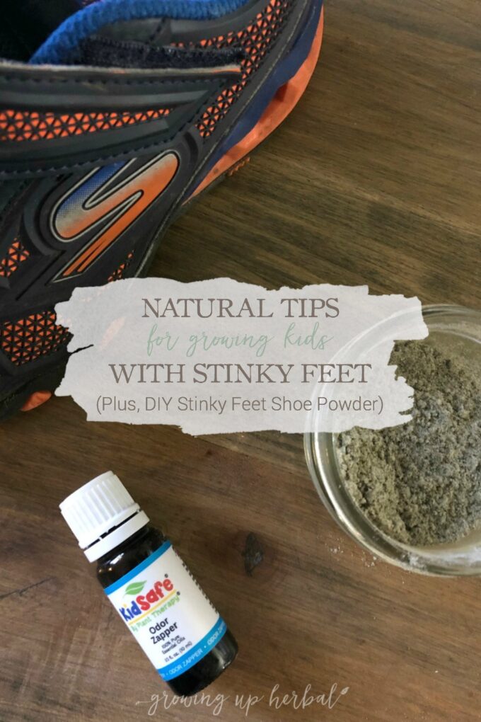 Natural Tips For Growing Kids With Stinky Feet (Plus, DIY Stinky Feet Shoe Powder) | Growing Up Herbal | Growing kids often equals stinky feet. Here are some tips to teach your kids good foot hygiene as well as some natural DIYs to cut down on that stinky feet smell.